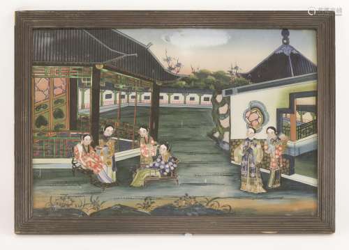 A Chinese reverse glass painting, 19th century, with ladies gathering in a garden, their maids ...