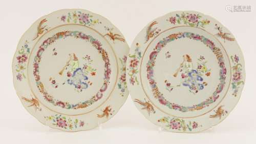 A pair of Chinese export porcelain famille rose deep plates, Qianlong (1736-1795), painted with a ...