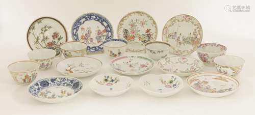 A collection of Chinese famille rose tea bowls and saucers, 18th century, of circular or quatrefoil ...