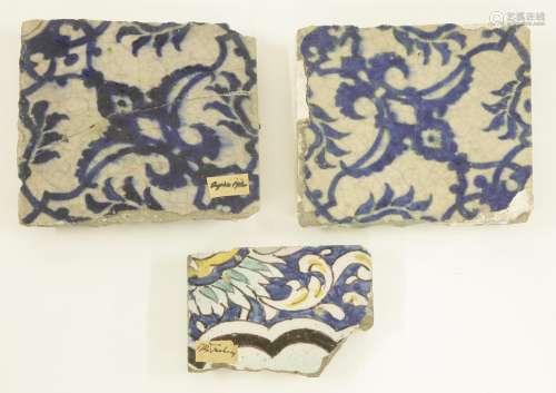 Three tiles,  probably 16th/17th century Turkish or Syrian, painted in blue, turquoise, green or ...