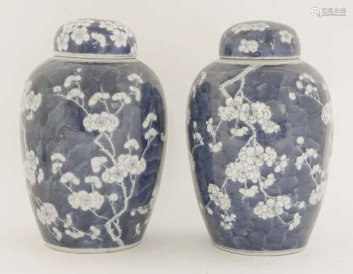 A pair of Chinese blue and white ginger jars and covers, c.1900, painted with branches of ...