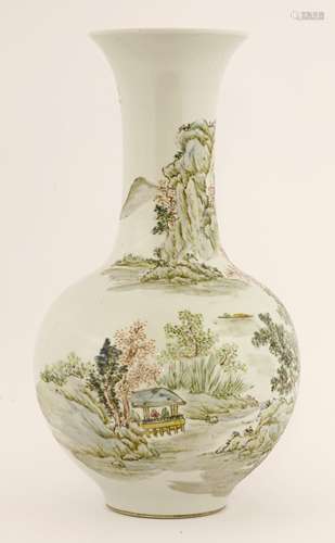 A Chinese porcelain vase, c.1970, painted with figures in a pavilion within a mountainous ...