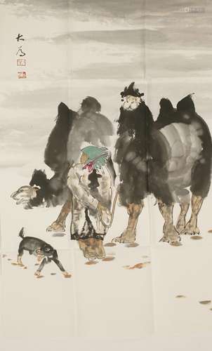 Three Chinese contemporary gouache paintings, two attributed to Fan Zeng (b.1938), painted with ...