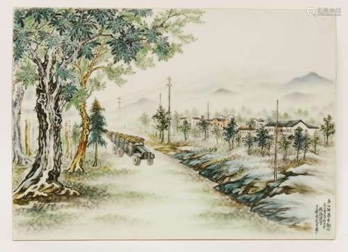 A Chinese ceramic plaque, painted with a truck loaded with wood, driving on a country road, ...