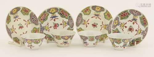 A set of four semi-eggshell famille rose tea bowls and saucers, Qianlong (1736-1795), painted with ...