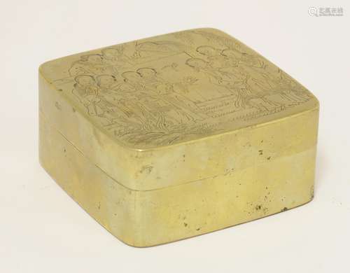 A Chinese brass ink box and cover, 19th century, engraved with a scene from ‘The Dream of the Red ...