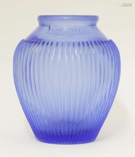 A Chinese monochrome Peking glass vase, the blue ovoid form with reeded decoration, four character ...
