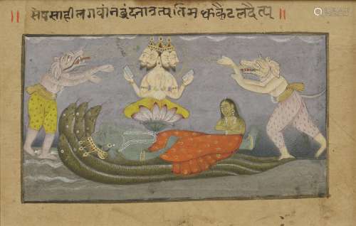 An Indian miniature painting, late 18th century, of a four-headed guardian seated on a lotus ...