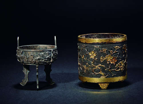 明-清 花卉纹鎏金桶式炉及银制三足浮雕炉二件