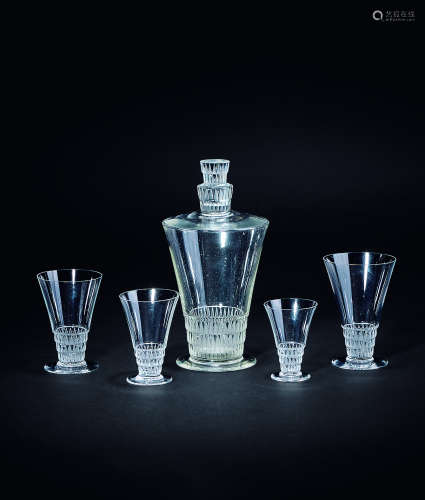 30年代 法国莱俪水晶玻璃醒酒器一套(1瓶4杯)