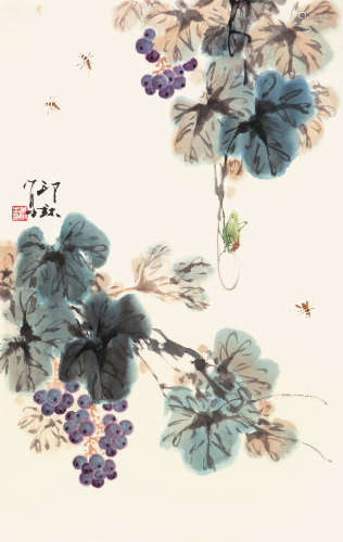 萧 朗（1917-2010） 葡萄草虫 纸本设色 软片