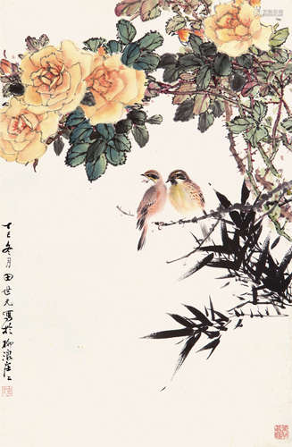 田世光（1916-1999） 花间鸟语 纸本设色 立轴