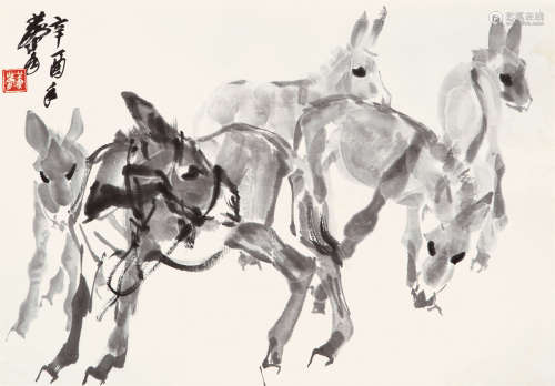 黄 胄（1925-1997） 群驴图 纸本水墨 镜心