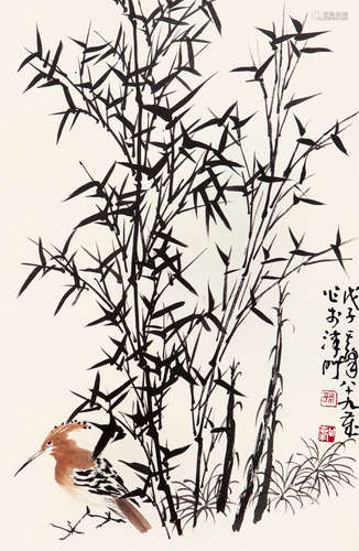 孙其峰（b.1920） 竹林戴胜 纸本设色 镜框