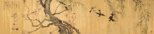 朱 偁（1826-1900） 春风柳燕图 绫本设色 横批