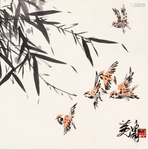 黄 胄（1925-1997） 竹雀图 纸本设色 镜框