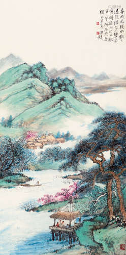 汪 锟（1877-1946） 春桃映青 纸本设色 立轴