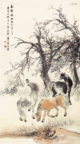 倪 田（1855-1919） 春郊放马 纸本设色 立轴