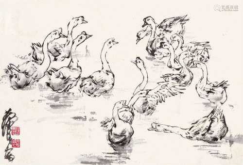 黄 胄（1925-1997） 群鹅 纸本水墨 镜心