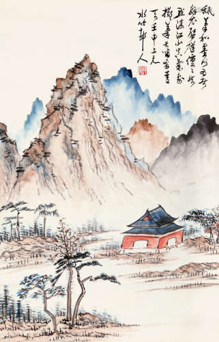 徐世昌（1855-1939） 深山古寺 纸本设色 立轴