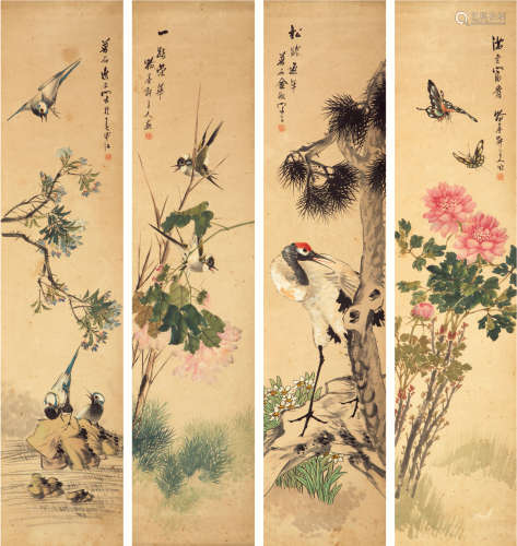 金梦石（1869-1952） 花鸟四屏 纸本设色 立轴