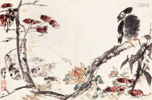 梁 崎（1909-1996） 花鸟 纸本设色 镜心