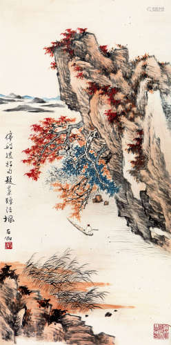申石伽（1906-2001） 江枫泊舟 纸本设色 镜框