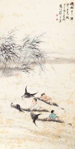 倪 田（1855-1919） 晚湖牛涉 纸本设色 立轴