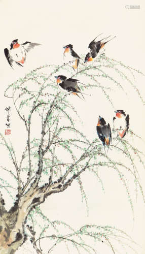 穆仲芹（1906-1990） 柳燕图 纸本设色 立轴