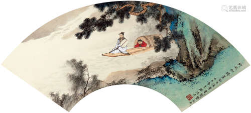 张洪千（b.1941） 游舟图扇面 纸本设色 镜框
