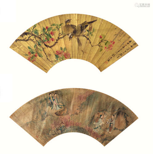 张 熊（1803-1886） 朱瑞凝 花鸟扇面 人物扇面 纸本设色 镜框