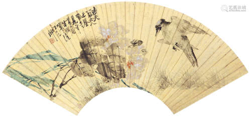 朱梦庐（1826-1900） 花鸟扇面 纸本设色 镜心