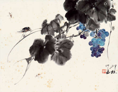萧 朗（1917-2010） 葡萄草虫 纸本设色 镜心
