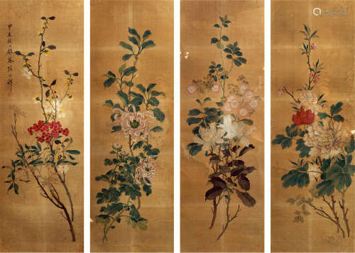 张兆祥（1852-1908） 花鸟四屏 纸本设色 镜框