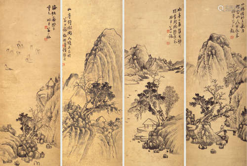 翁同龢（1830-1904） 山水四屏 纸本水墨 立轴