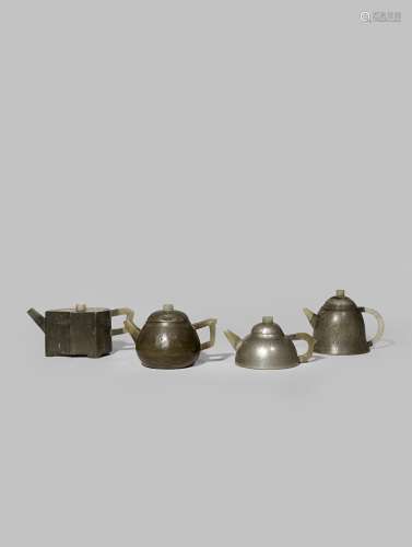 FOUR CHINESE INSCRIBED PEWTER-ENCASED YIXING TEAPOTS AND COVERS QING DYNASTY Each set with a jade