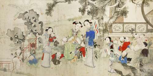 A LARGE CHINESE COURT PAINTING ON PAPER 18TH CENTURY Depicting four ladies, an attendant and fifteen
