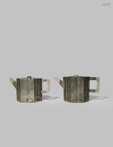 TWO CHINESE HEXAGONAL PEWTER-ENCASED YIXING TEAPOTS AND COVERS QING DYNASTY Set with jade faceted