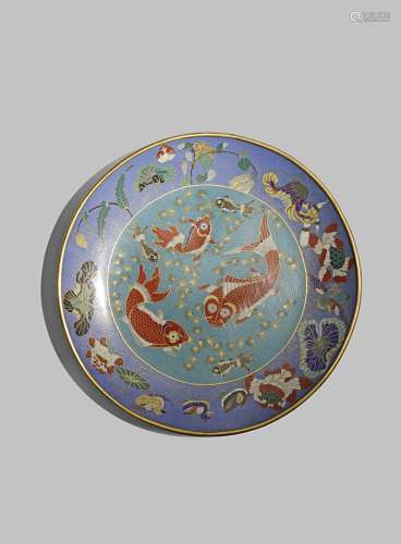 A MASSIVE CHINESE ENAMEL 'CARPS' DISH LATE QING DYNASTY Decorated with three red and three black