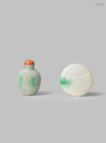 A CHINESE JADEITE SNUFF BOTTLE AND A JADEITE SNUFF DISH 19TH CENTURY With a flattened ovoid body,