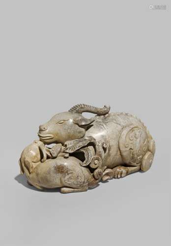 A CHINESE CHICKEN-BONE JADE CARVING OF TWO MYTHICAL BEASTS QING DYNASTY OR LATER The larger