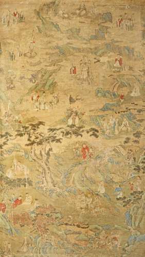 A LARGE CHINESE PAINTING ON SILK MING DYNASTY Painted with Immortals in a landscape amongst trees,