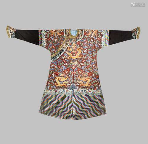 A CHINESE BROWN-GROUND SILK 'NINE DRAGON' ROBE, JIFU 19TH CENTURY Embroidered with silk and gold