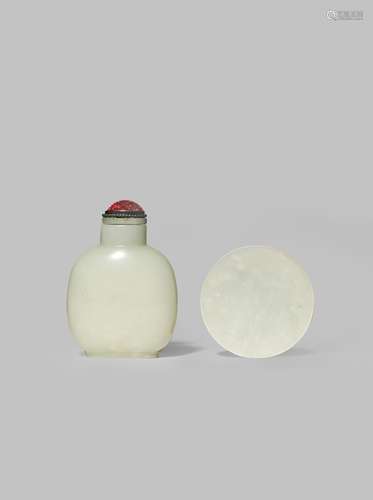 A CHINESE PALE CELADON JADE SNUFF BOTTLE AND A SNUFF DISH 19TH CENTURY With a flattened ovoid body