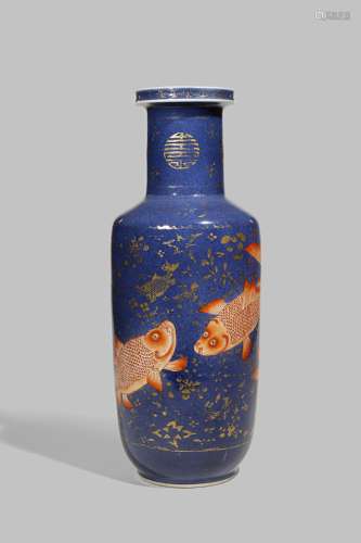 A CHINESE POWDER BLUE-GROUND ROULEAU 'CARP' VASE KANGXI 1662-1722 Decorated with four iron-red