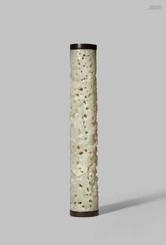 A CHINESE PALE CELADON JADE OPENWORK INCENSE HOLDER QIANLONG 1736-95 Carved with a scholar and an