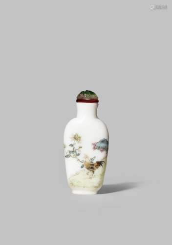 A CHINESE FAMILLE ROSE ENAMELLED WHITE GLASS SNUFF BOTTLE 19TH CENTURY With a tall ovoid body