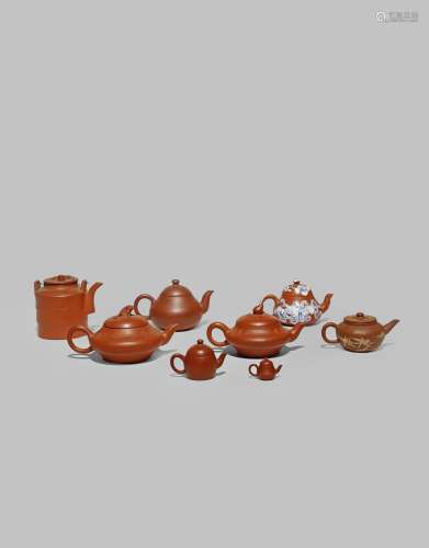 EIGHT MINIATURE CHINESE YIXING TEAPOTS AND COVERS QING DYNASTY Three with plain undecorated