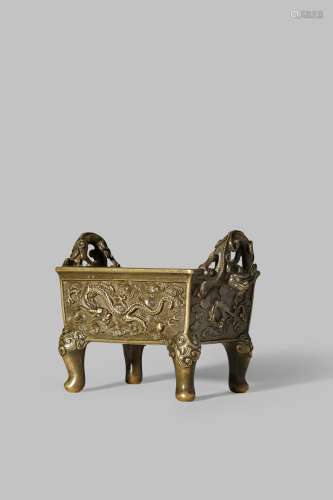 A CHINESE BRONZE INCENSE BURNER BY HU WEN MING LATE MING DYNASTY The rectangular body decorated to