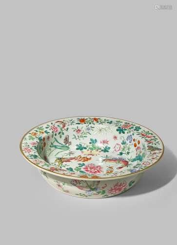 A RARE CHINESE FAMILLE ROSE 'FLOWERS AND BUTTERFLIES' WASH BASIN EARLY 19TH CENTURY The pale celadon